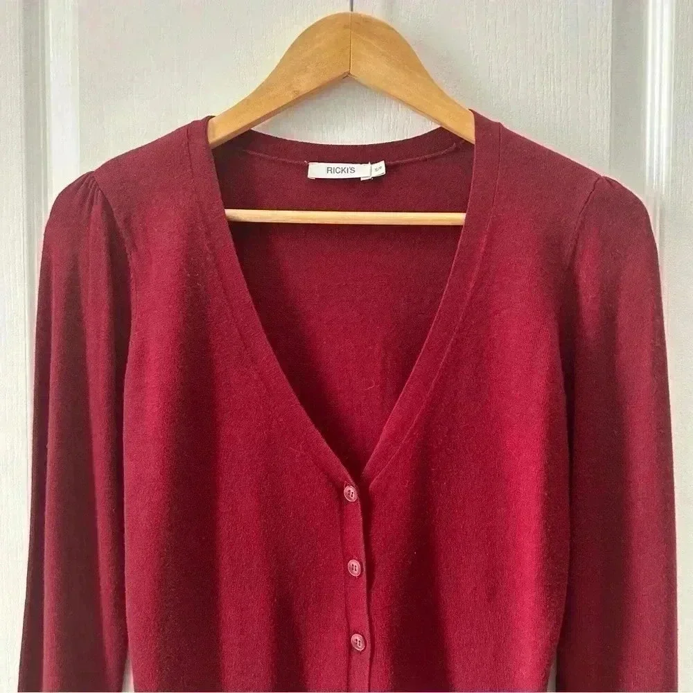 Ricki’s Burgundy Cardigan V Neck Button Front Fitted Size Small - Picture 7 of 16
